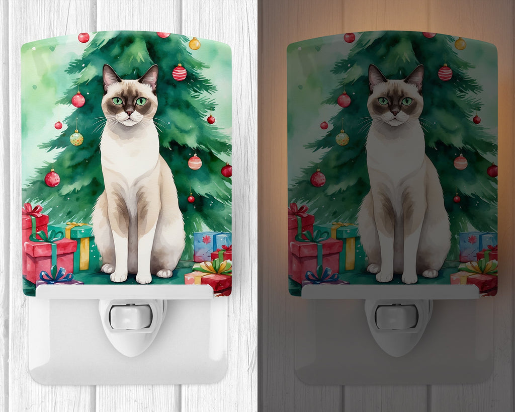 Snowshoe Cat By the Christmas Tree Ceramic Night Light