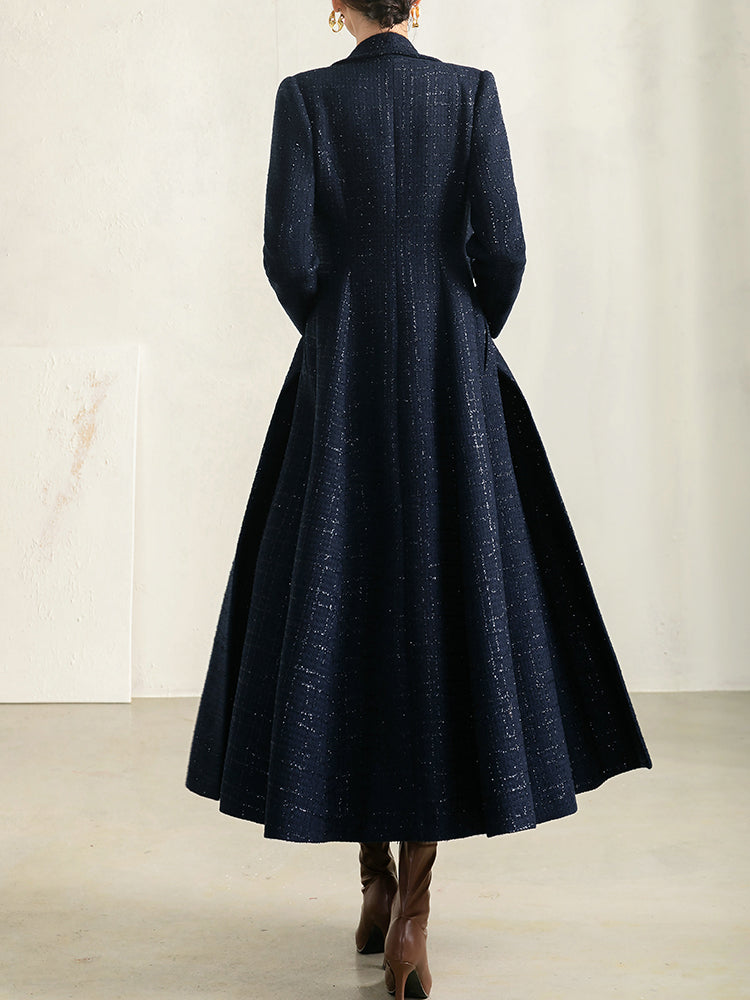 Women's Autumn Winter Blue Plaid Wool Coat with Collar