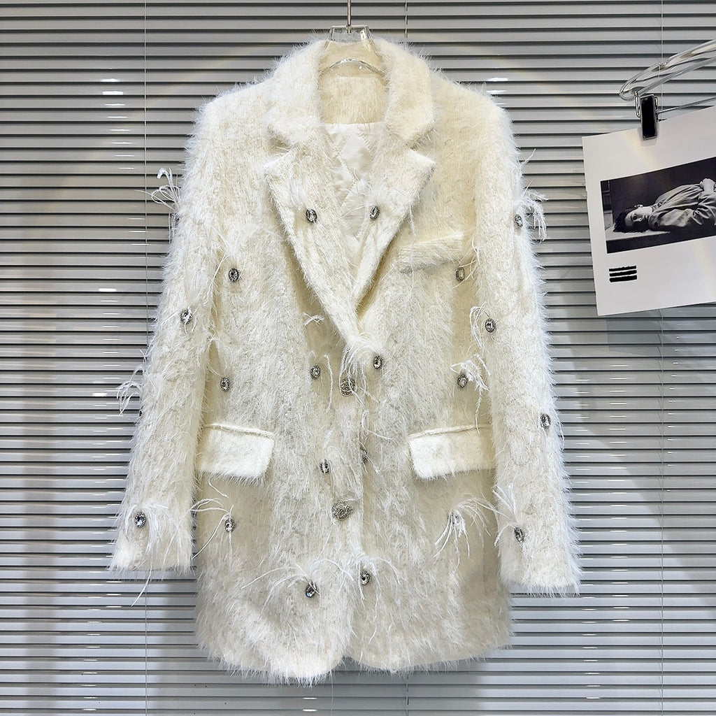 Rhinestone Beaded Mink Fur Quilted Winter Classic Long Coat
