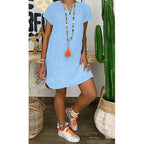 Women’s Casual V Neck Cotton Linen Mini Dress 5XL