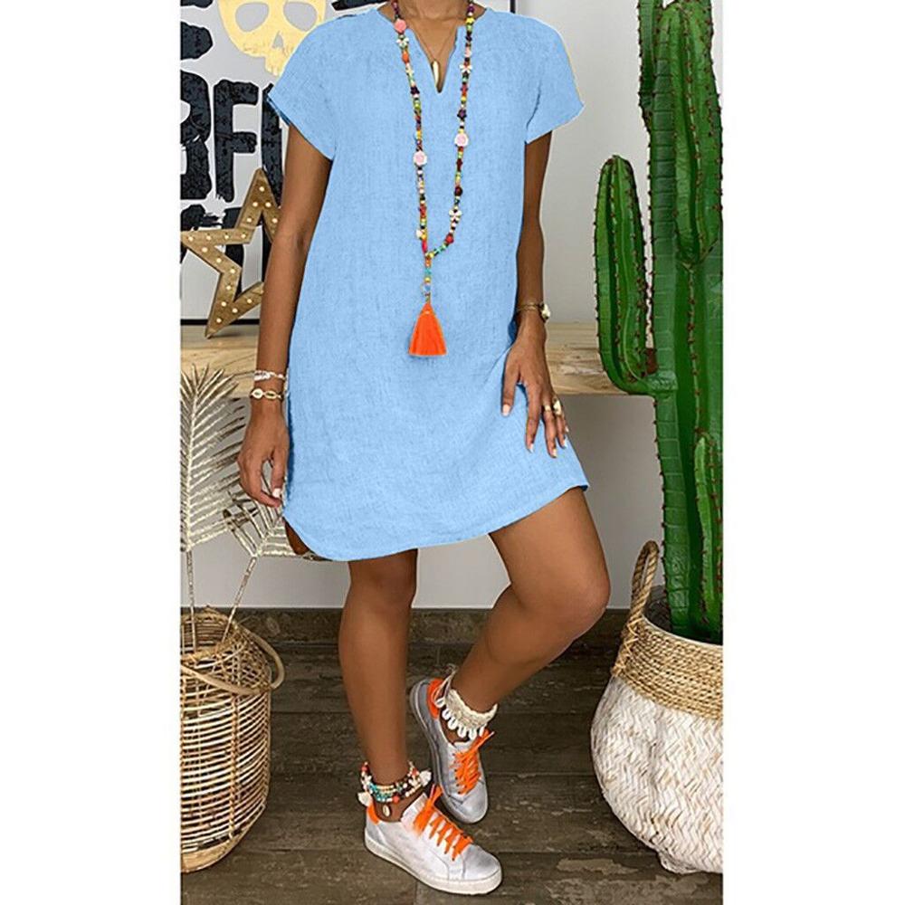 Women’s Casual V Neck Cotton Linen Mini Dress 5XL