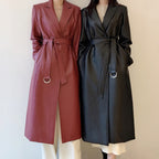 Double Breasted PU Leather Trench Coat with Collar
