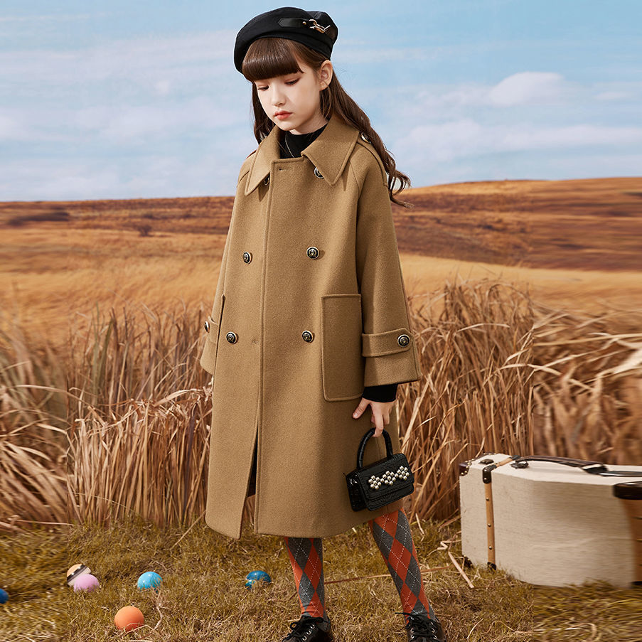 Mid-Length Girls' Woolen Coat for Autumn & Winter