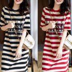 Summer Striped Print T-Shirt Dress with Short Sleeves | Streetwear
