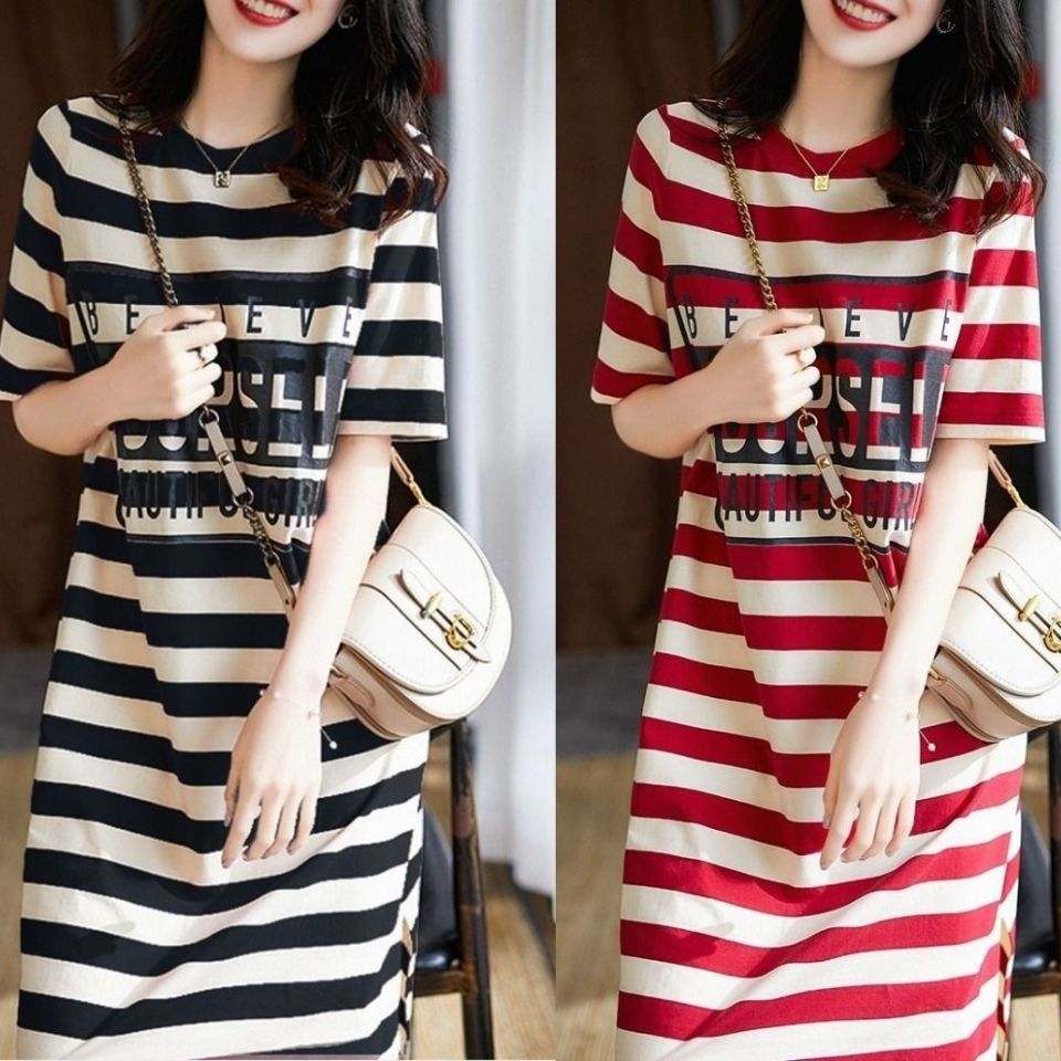 Summer Striped Print T-Shirt Dress with Short Sleeves | Streetwear