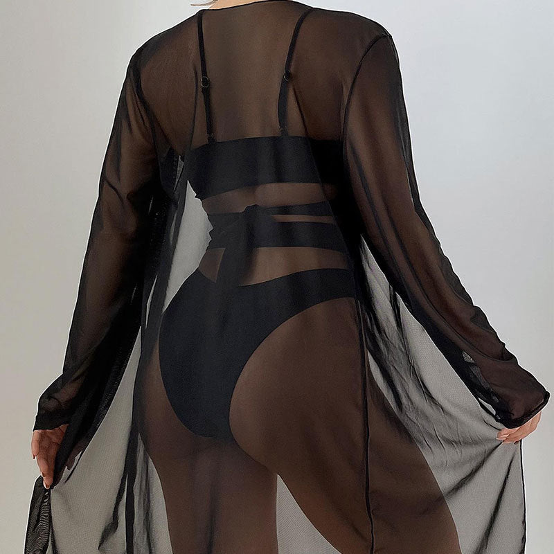 3pcs Women's High Waist Swimsuit with Mesh Shawl Set