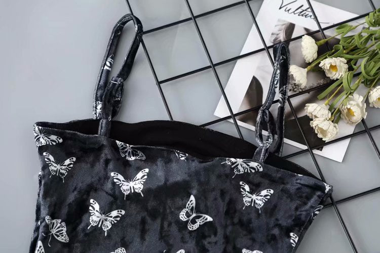 Black Velvet Butterfly Print Slim Fit Cami Dress