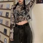 Korean Y2K Women's Tie-Dye Mesh Long Sleeve Crop Top