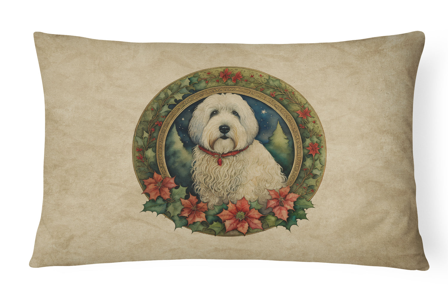 Old English Sheepdog Christmas Flowers Throw Pillow