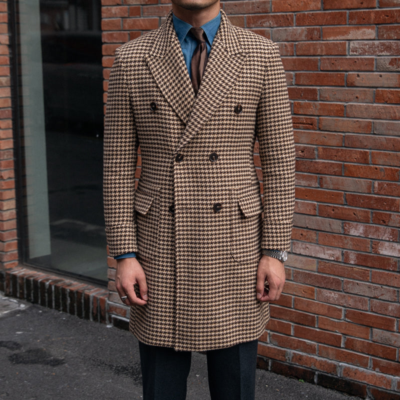 Men's Houndstooth Double-Breasted Long Polo Coat
