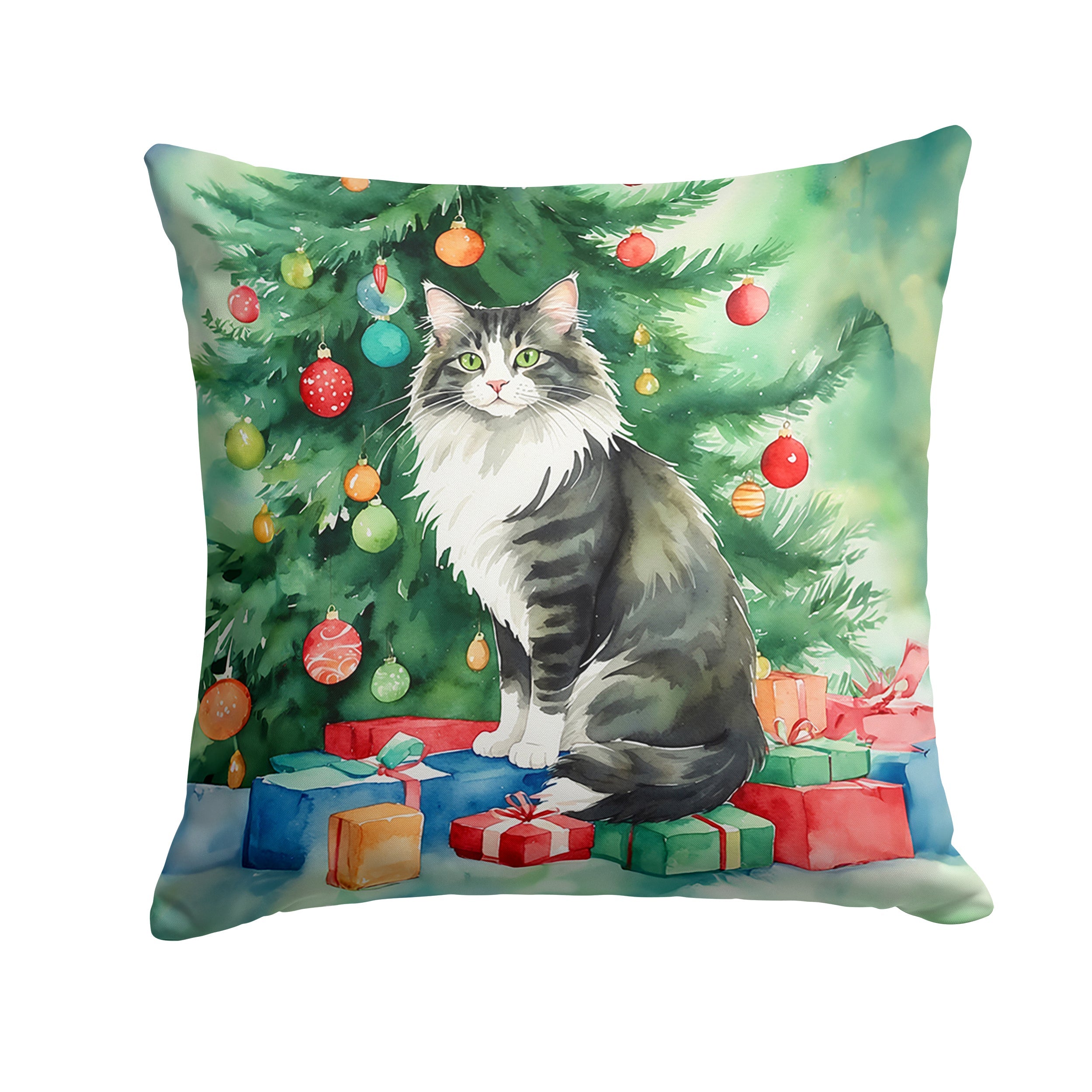 Norwegian Forest Cat By the Christmas Tree Throw Pillow