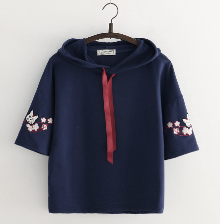Japanese Style Thick Fleece Hooded Sweater with Embroidery