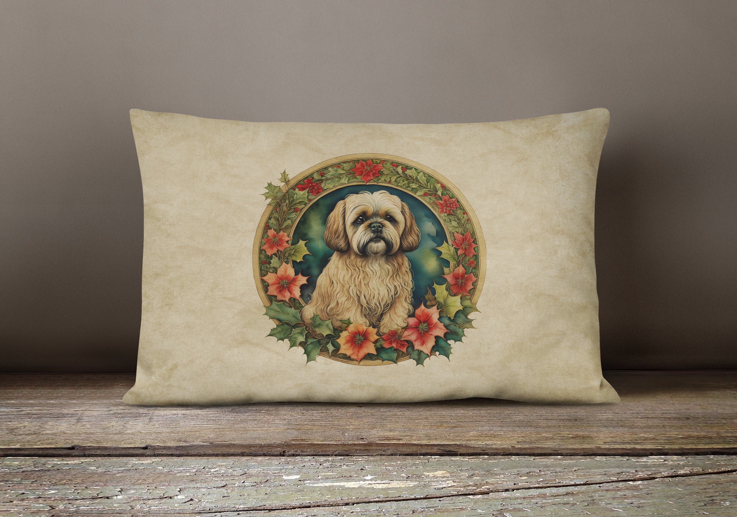 Lhasa Apso Christmas Flowers Throw Pillow