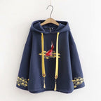 Japanese Style Thick Fleece Hooded Sweater with Embroidery