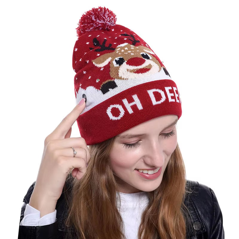 New Style! LED Christmas Hat Beanie Light up Illuminate Warm Hat 48 Patterns New Year Snowman Sweater Hat Christmas Decorations | Embroidered Cap
