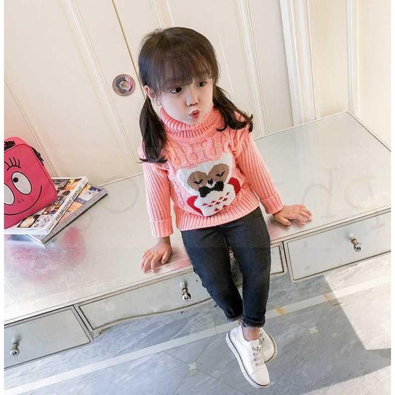Korean Cartoon Owl Sweater with High Neck and Long Sleeves