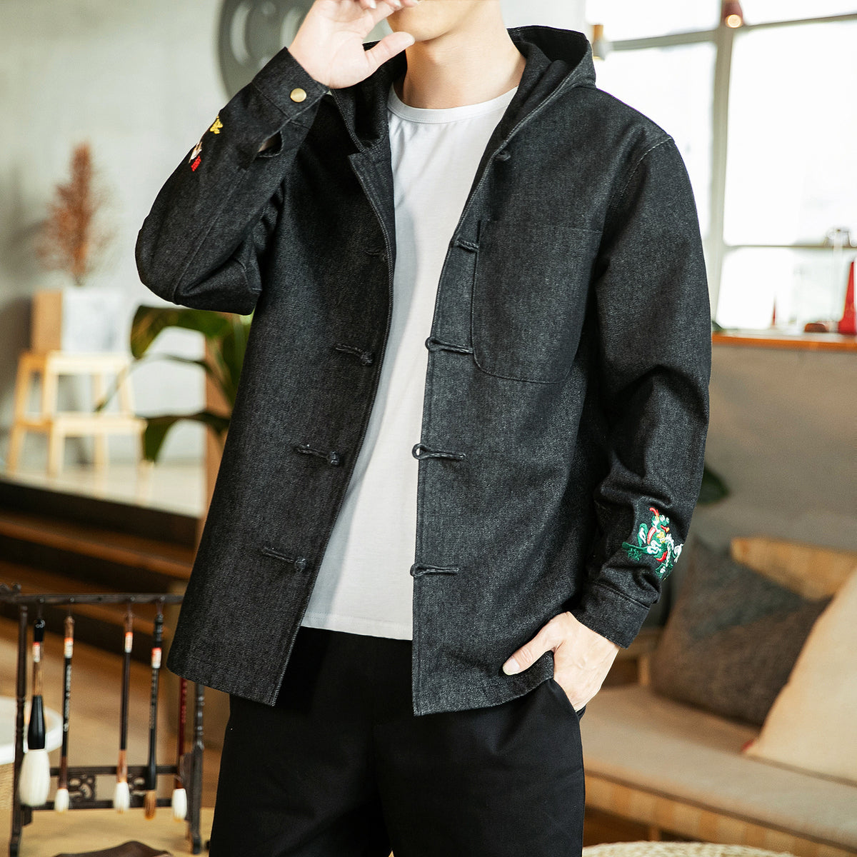 Japanese Casual Denim Hooded Jacket for Men