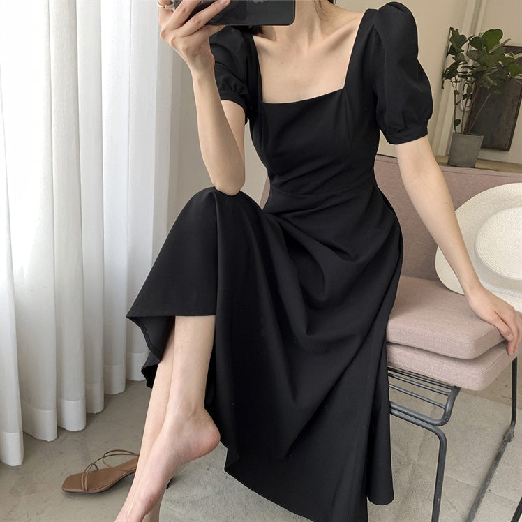 Black Dress for Women - Summer 2020, Square Neck, Puff Sleeves