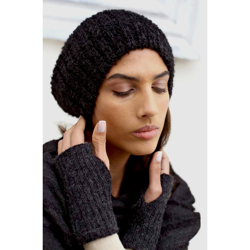 Black Loop Knit Alpaca Beanie | Embroidered Cap