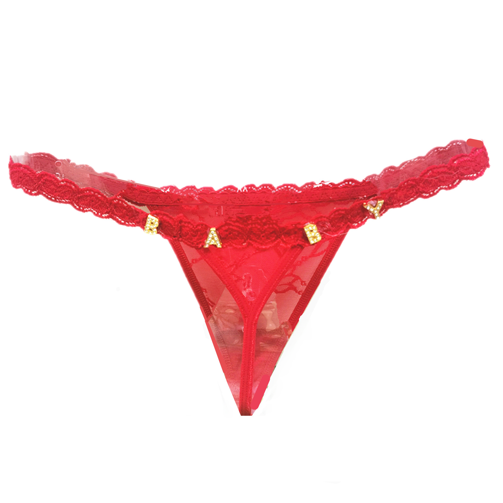 Transparent Lace Heart Thong with Rhinestone Letters