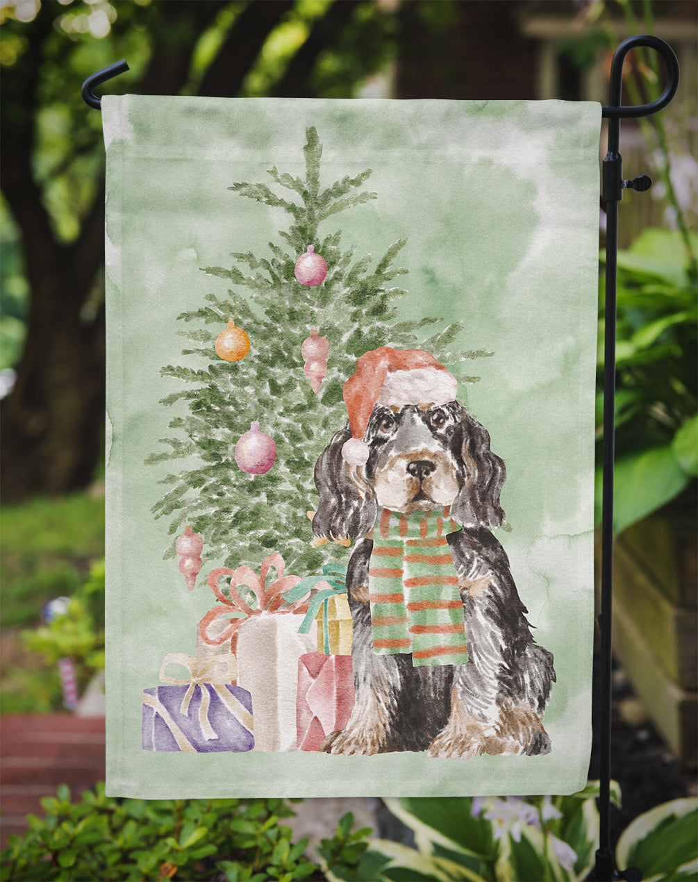 Cocker Spaniel English Black Tan Christmas Presents and Tree Garden Flag