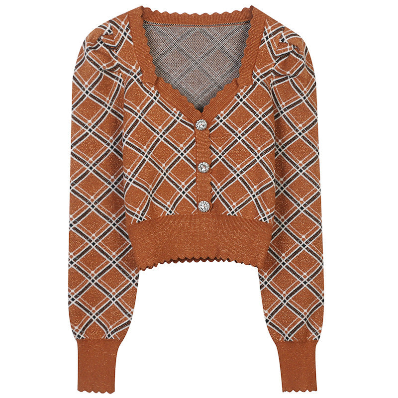 New Long Sleeve V-Neck Cropped Knit Cardigan