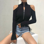 Zipper Long Sleeve T-Shirt Bodysuit with Off-Shoulder Design