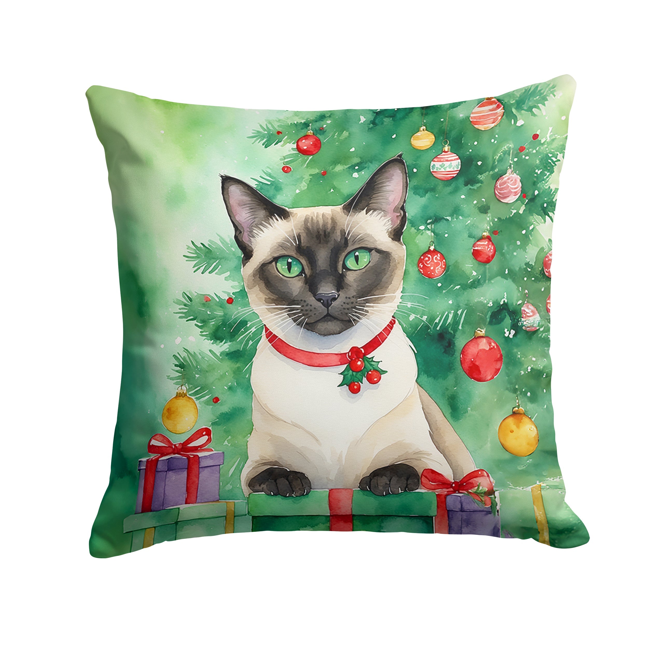 Siamese Cat By the Christmas Tree Throw Pillow