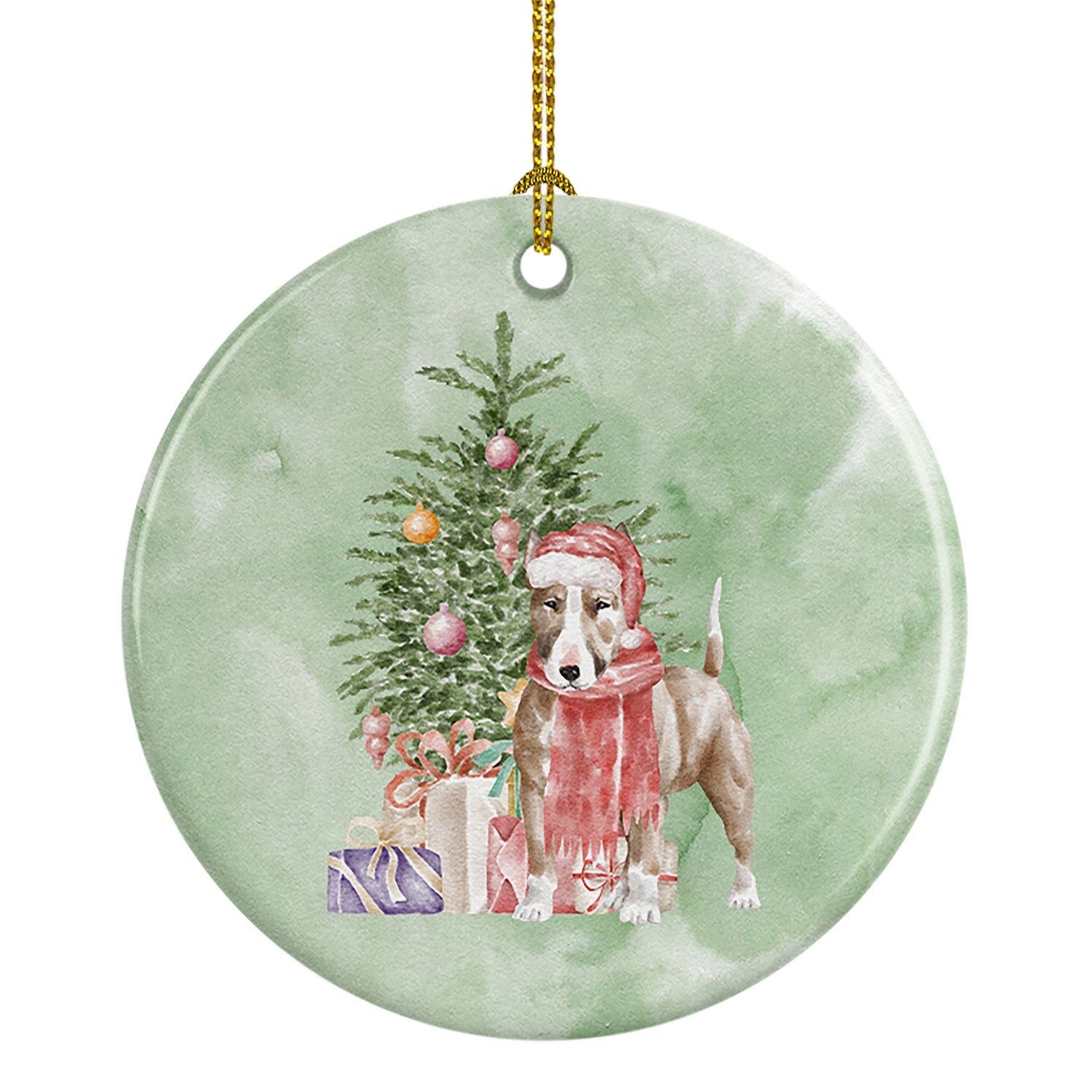 Bull Terrier Red Christmas Presents and Tree Ceramic Ornament