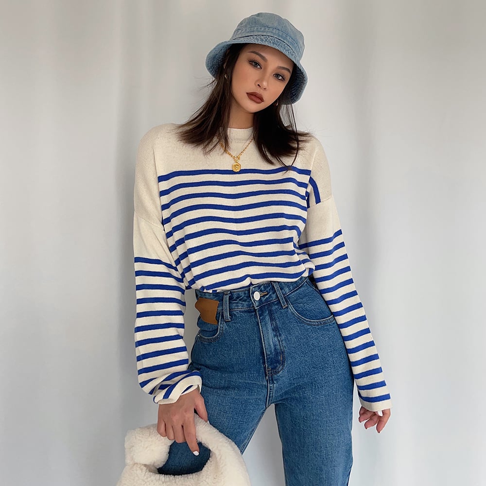 Navy and White Striped Crew-neck Long-sleeve Sweater