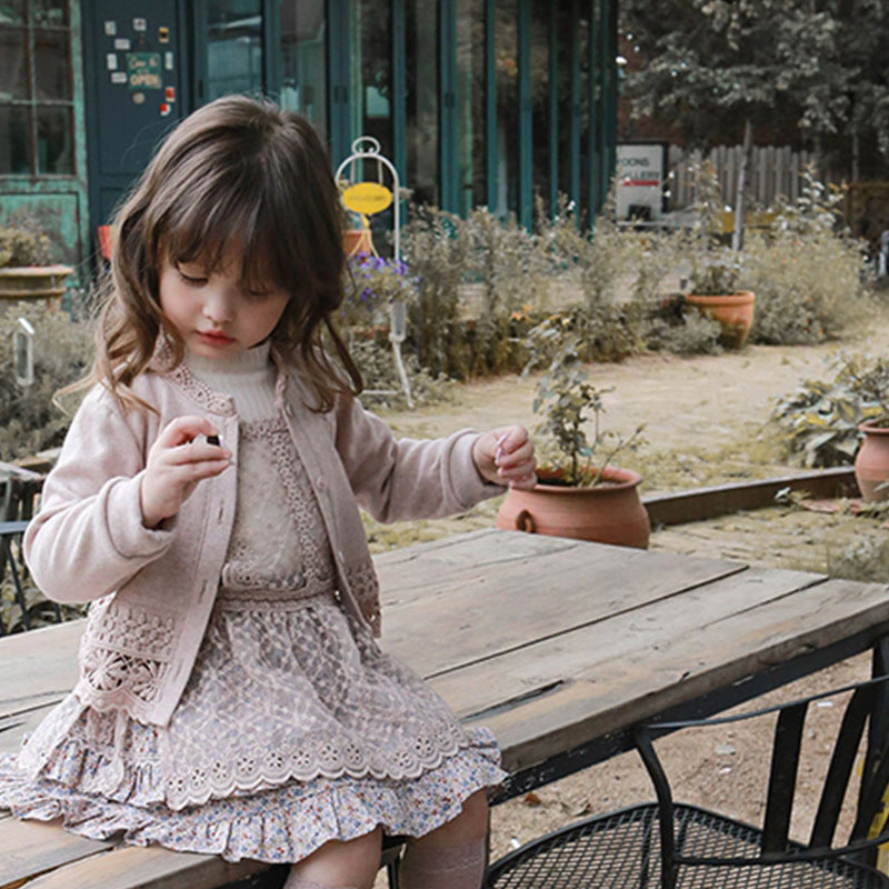 Korean Girl's Long Sleeve Knit Top with Lace Design
