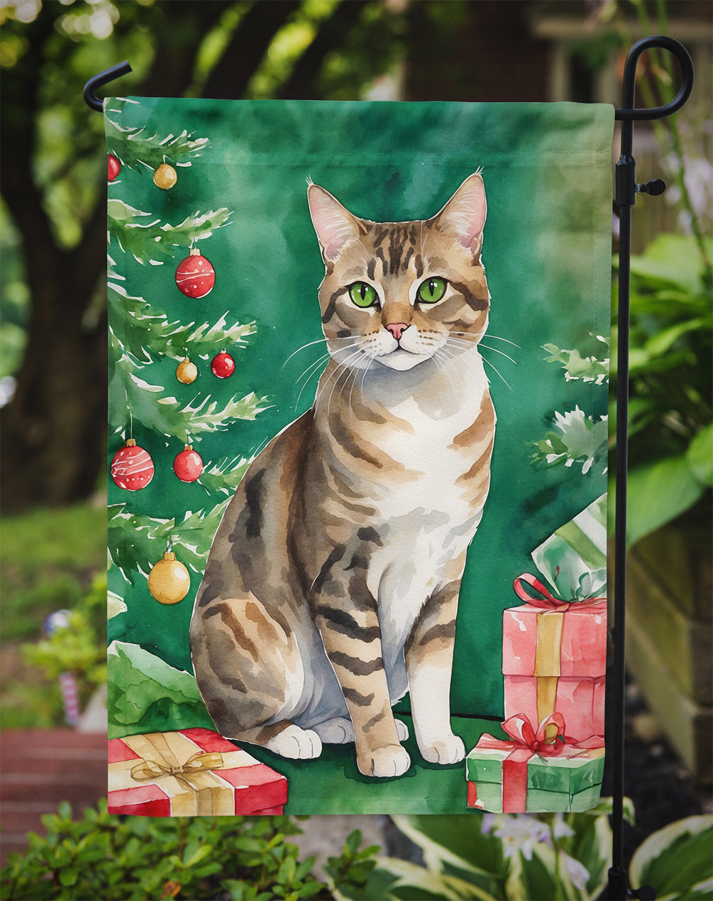 California Spangled Cat By the Christmas Tree Garden Flag