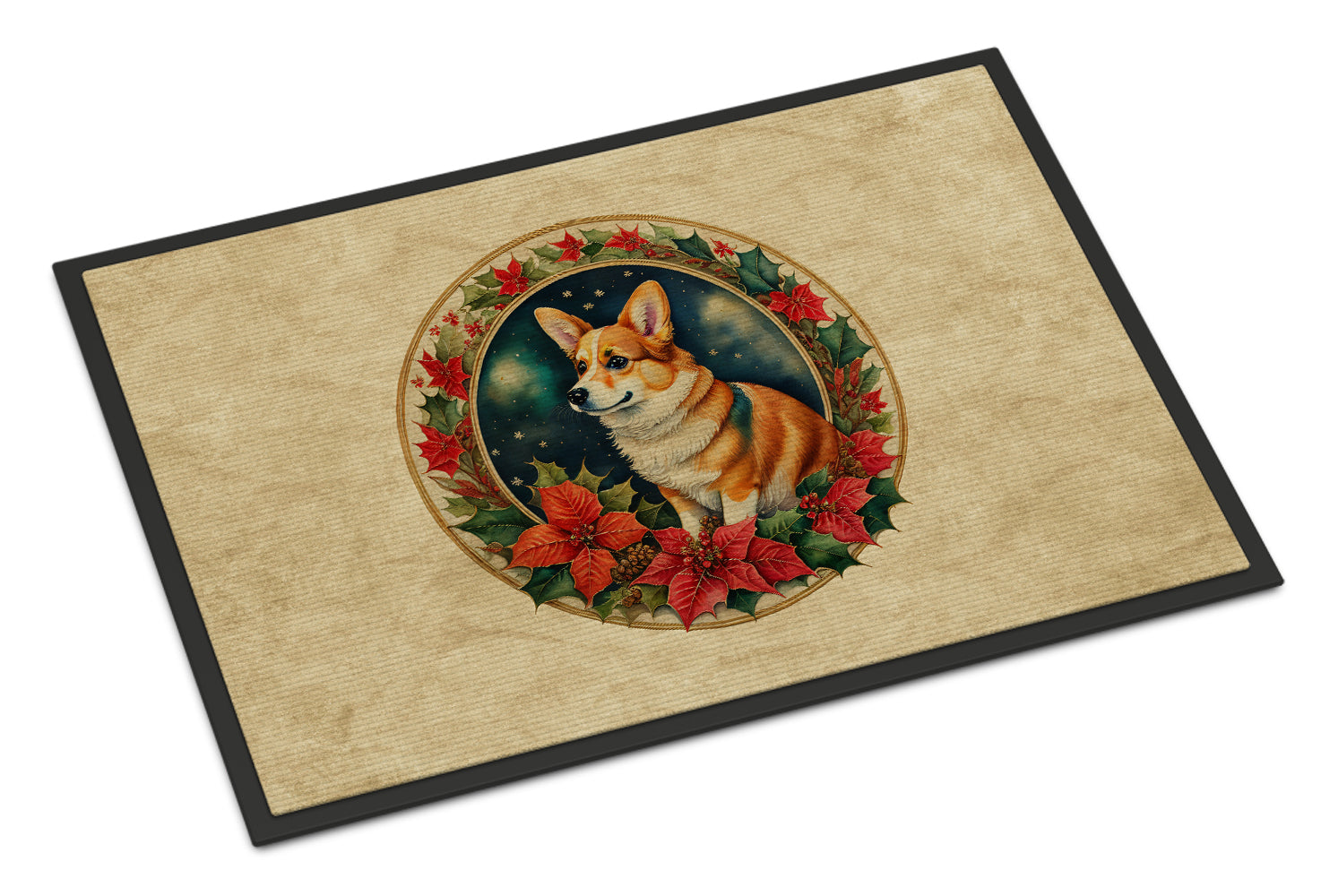 Corgi Christmas Flowers Doormat