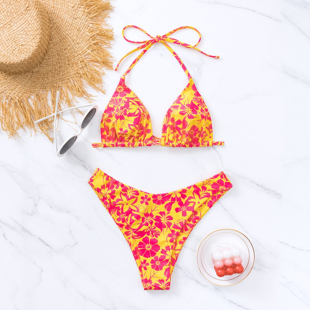Women's Black-and-White Floral Halter Triangle Bikini Set