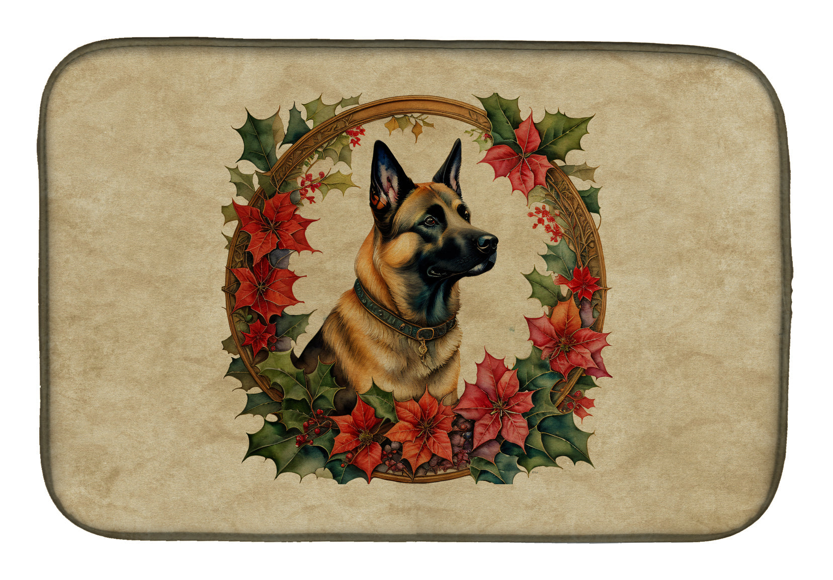 Belgian Malinois Christmas Flowers Dish Drying Mat