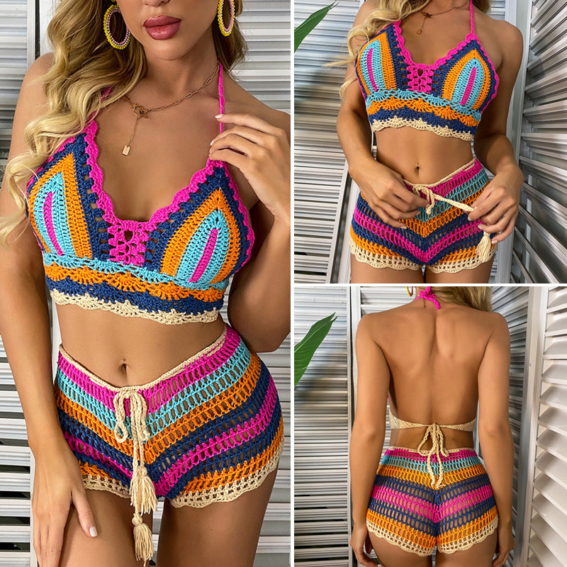 Colorful Striped Women's Bikini Set with Modesty Design