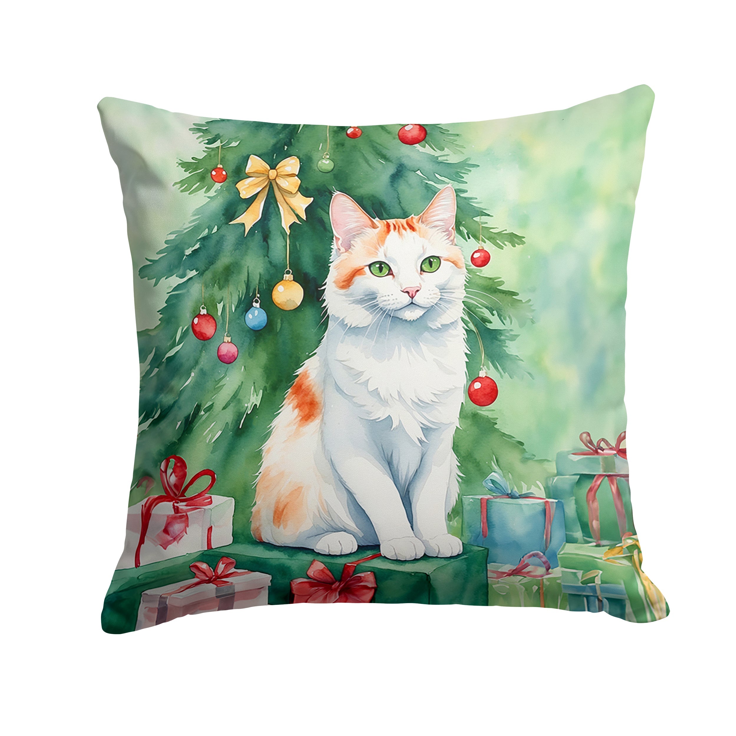 Turkish Van Cat By the Christmas Tree Throw Pillow