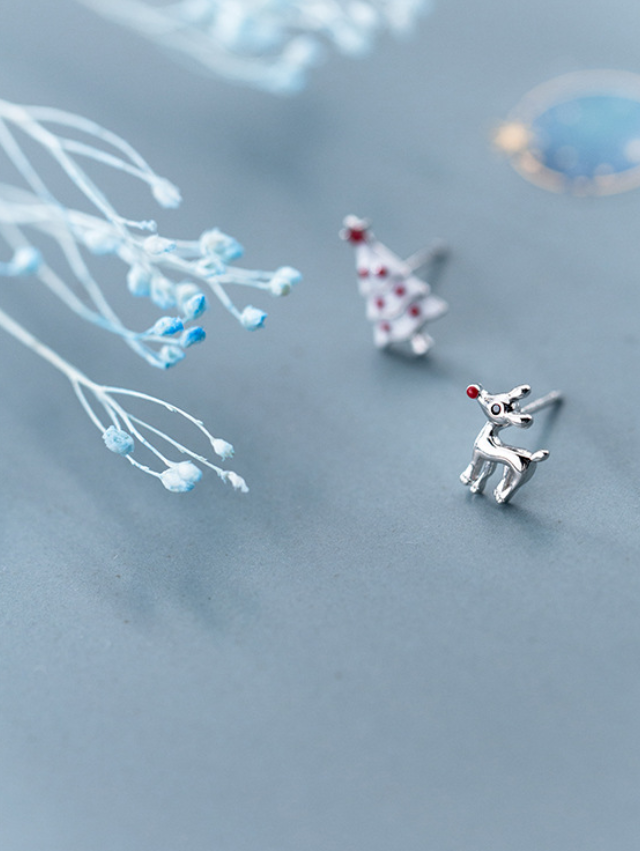 Silver Cute Asymmetric Christmas Tree Earrings