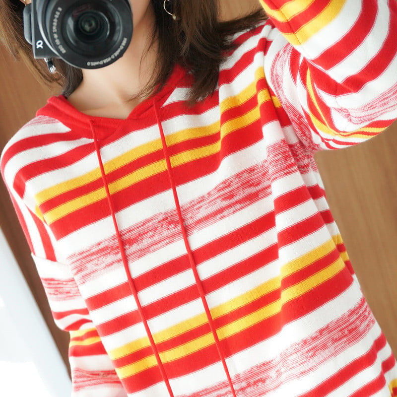 Loose Hooded Striped Sweater for Women Long Sleeve