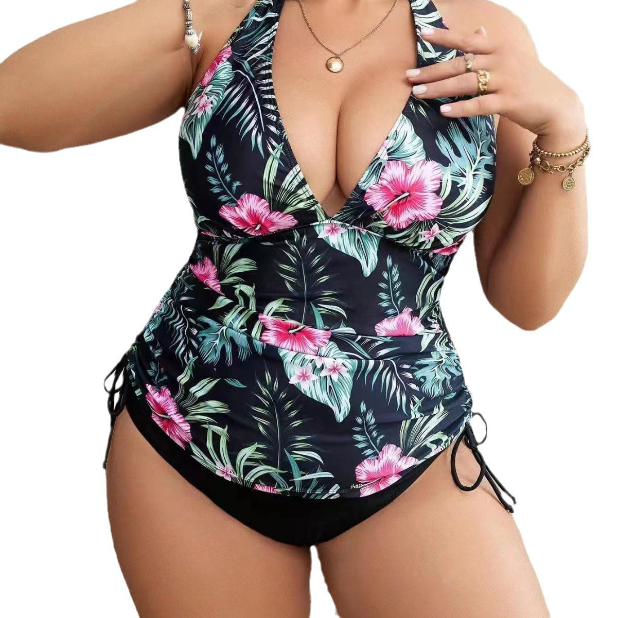 2024 Plus Size V-Neck Drawstring Backless Swimsuit