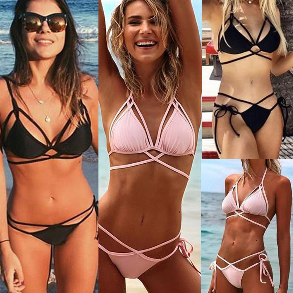 Pink Strappy Lace-Up Triangle Bikini Set