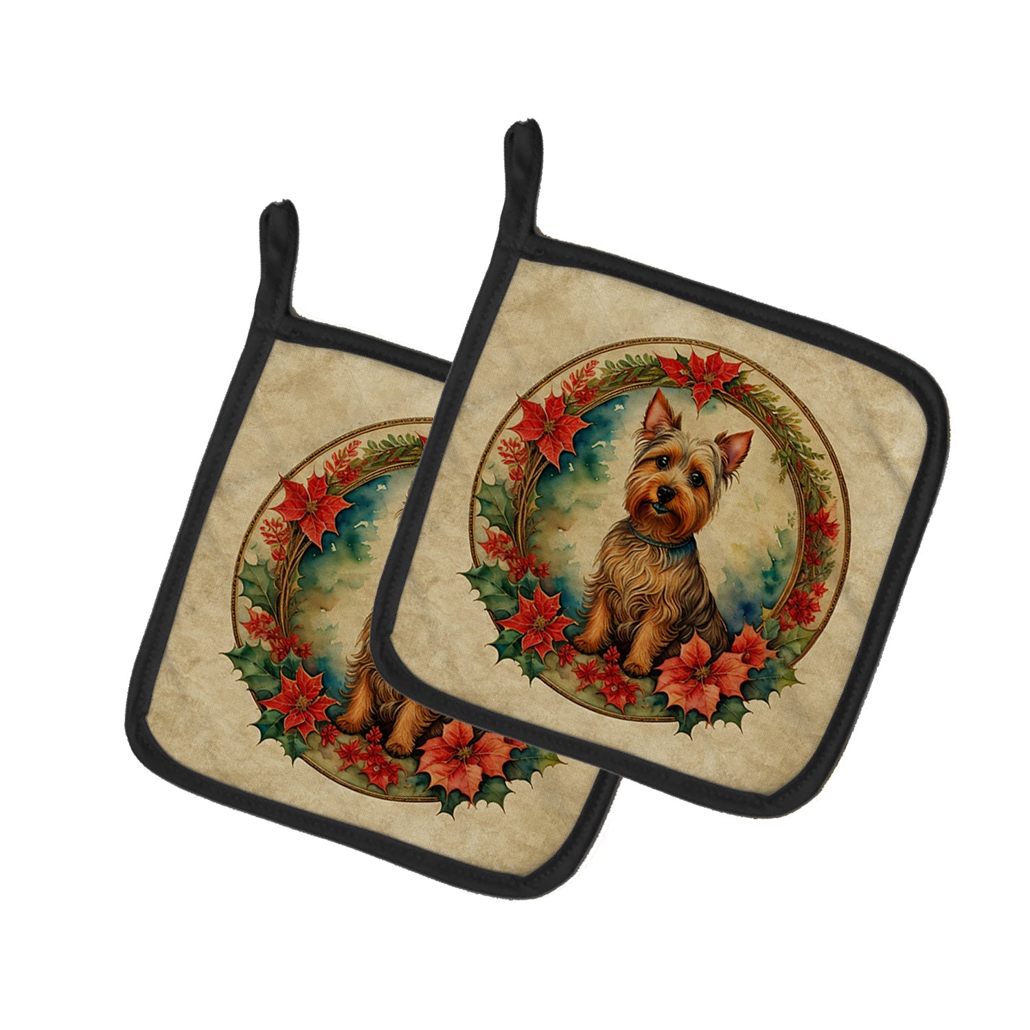 Australian Terrier Christmas Flowers Pair of Pot Holders