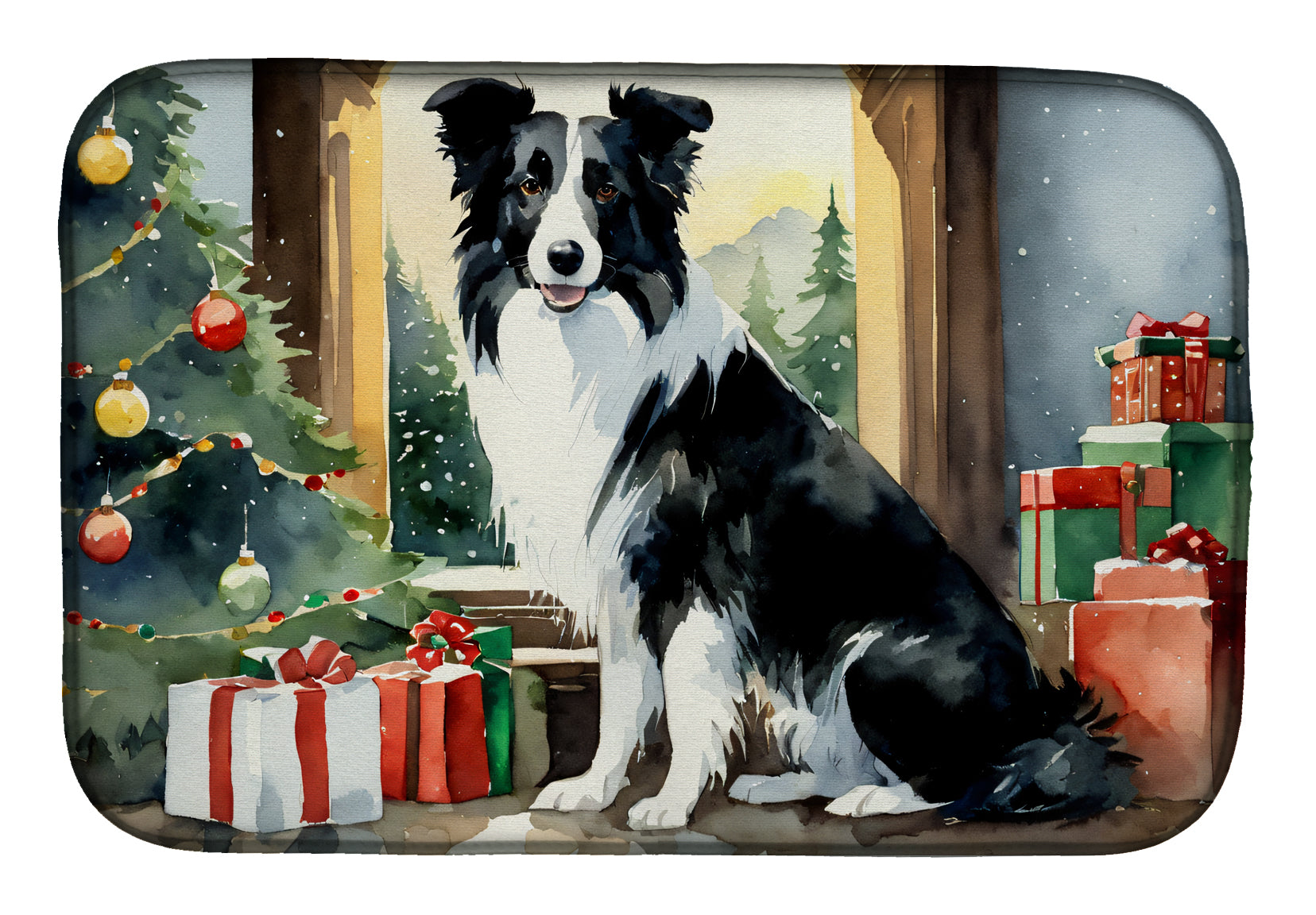 Border Collie Cozy Christmas Dish Drying Mat