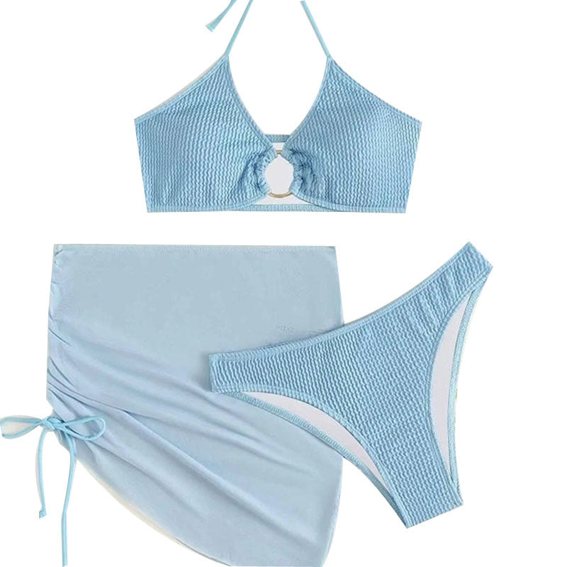 Women's Pleated Bikini with Steel Ring for Vacation
