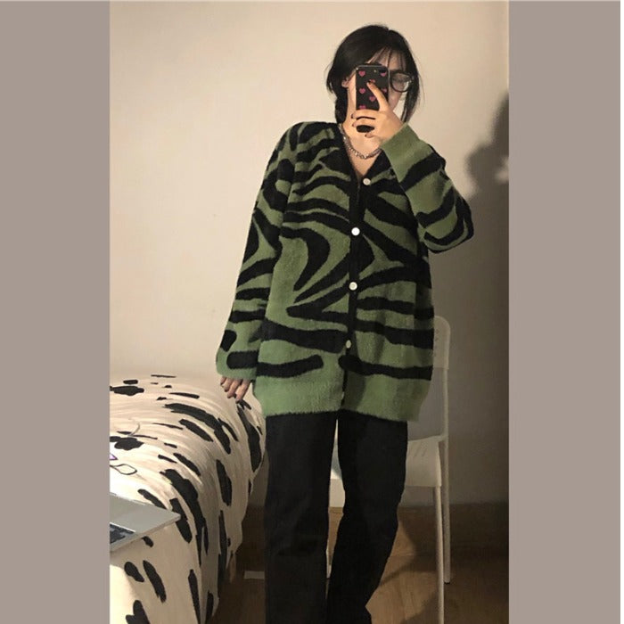 Zebra Print Retro Loose Knit Sweater Cardigan for Women