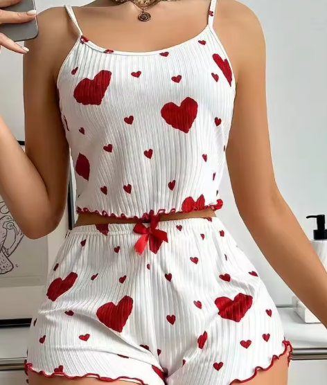 Heart Printing Suspender Shorts Casual Sunken Stripe Outerwear European and American Style Women Pajamas
