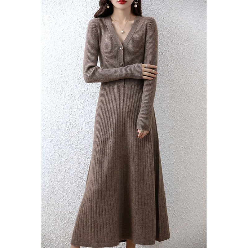 Elegant Women's V-neck Wool Knitted Dress