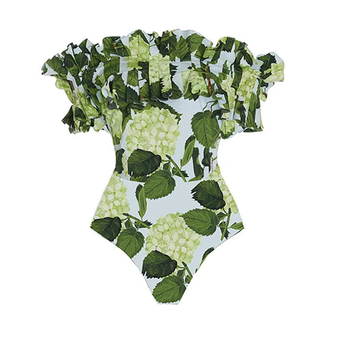 2024 Women's Ruffled Bikini Set with Hydrangea Design