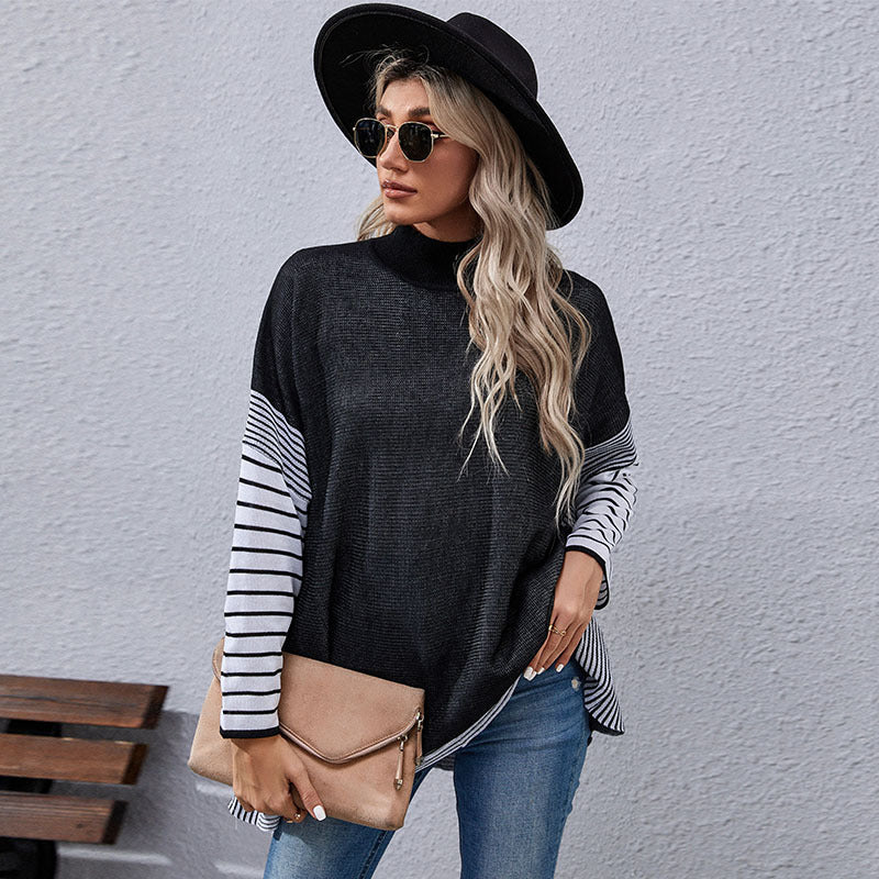 New Women's Bat Sleeve Stripe High Neck Sweater