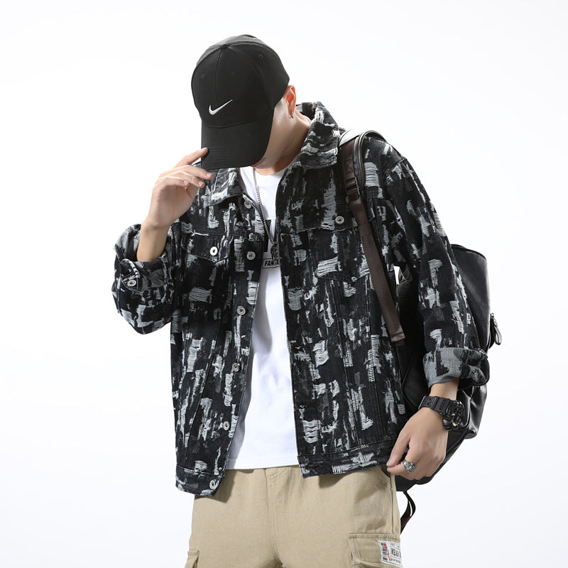 Men's Retro Japanese Denim Jacket with Jacquard Holes